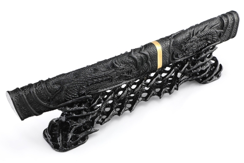 Нож Самурай (дамаск торцевой, черный граб, деревянные ножны, резьба ручной работы) на подставке