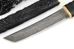Нож Самурай (дамаск торцевой, черный граб, деревянные ножны, резьба ручной работы) на подставке - Нож Самурай (дамаск торцевой, черный граб, деревянные ножны, резьба ручной работы) на подставке